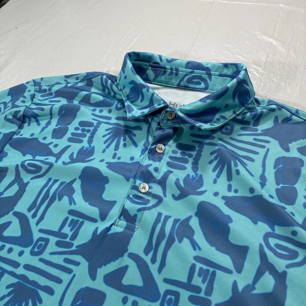Huk Performance Polo Shirt Mens L Blue Aztec Tribal All Over Print Stretch Fish